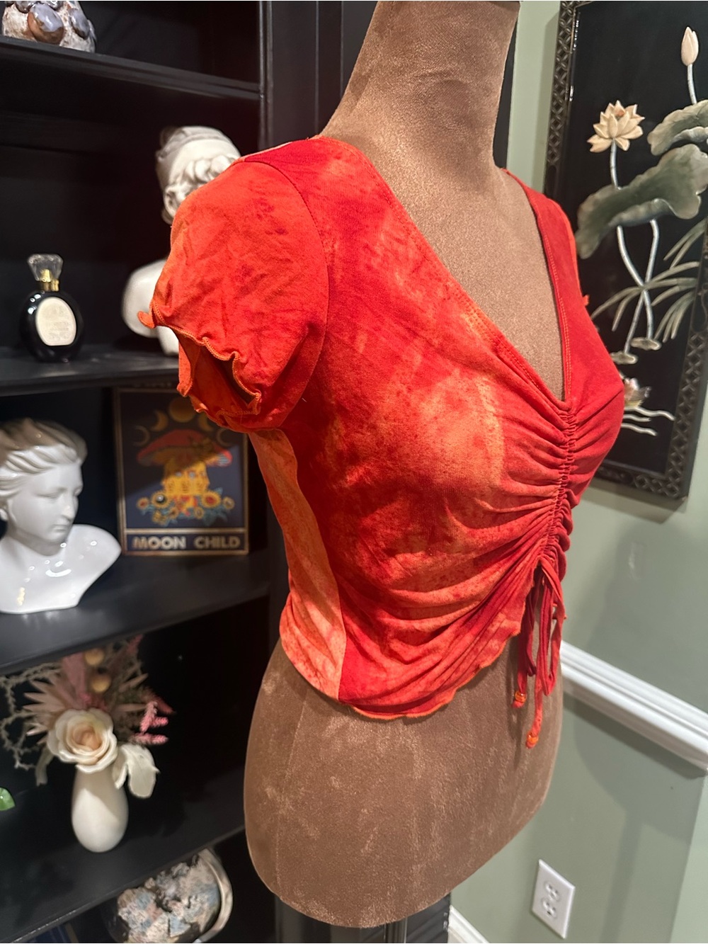 Evolution Fire Red & Orange Ruched Rave Top – Size Small - Picture 4 of 9